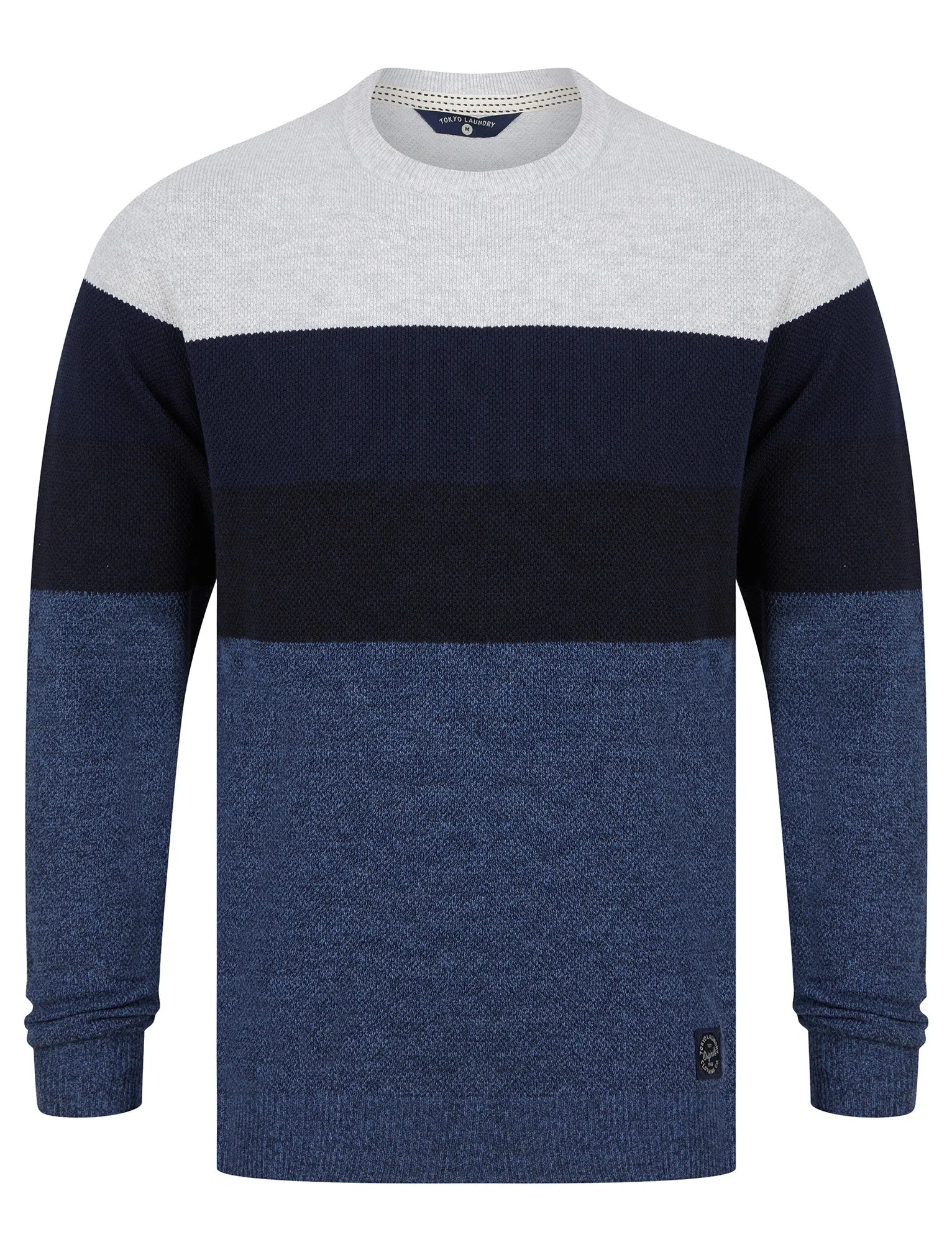 Andoh Crew Neck Textured Knit Cotton Rich Colour Block Jumper in Light Grey Marl - Tokyo Laundry