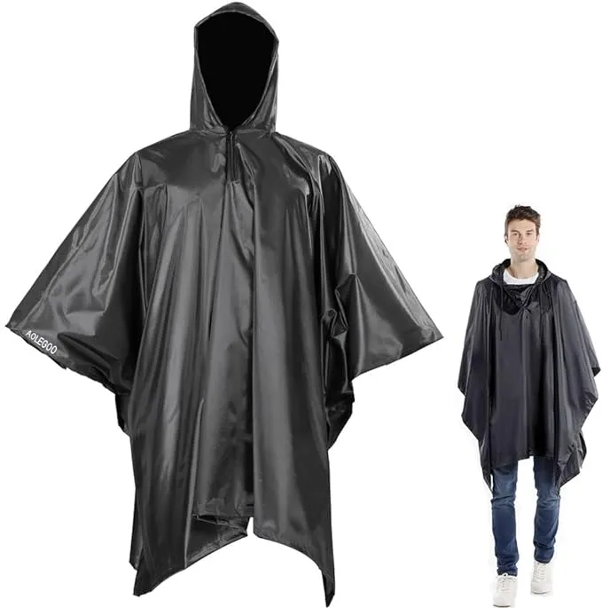 Aolegoo Ponchos Waterproof with Drawstring Hood, 3 in 1 Reusable Adult Raincoat for Hiking Camping Cycling with Emergency Grommet Corners