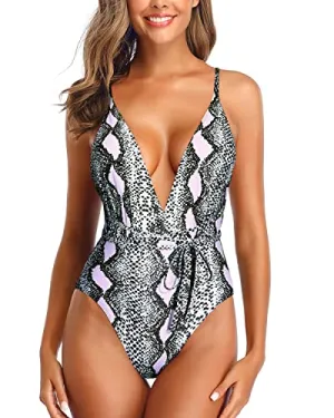 Backless One Piece Swimsuits For Women V Neck Criss Cross Swimwear-Light Pink Snake Print