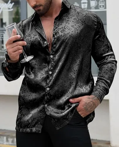 Blissshow Mens Floral Rose Printed Long Sleeve Dress Shirts Prom Wedding Party Button Down Shirts