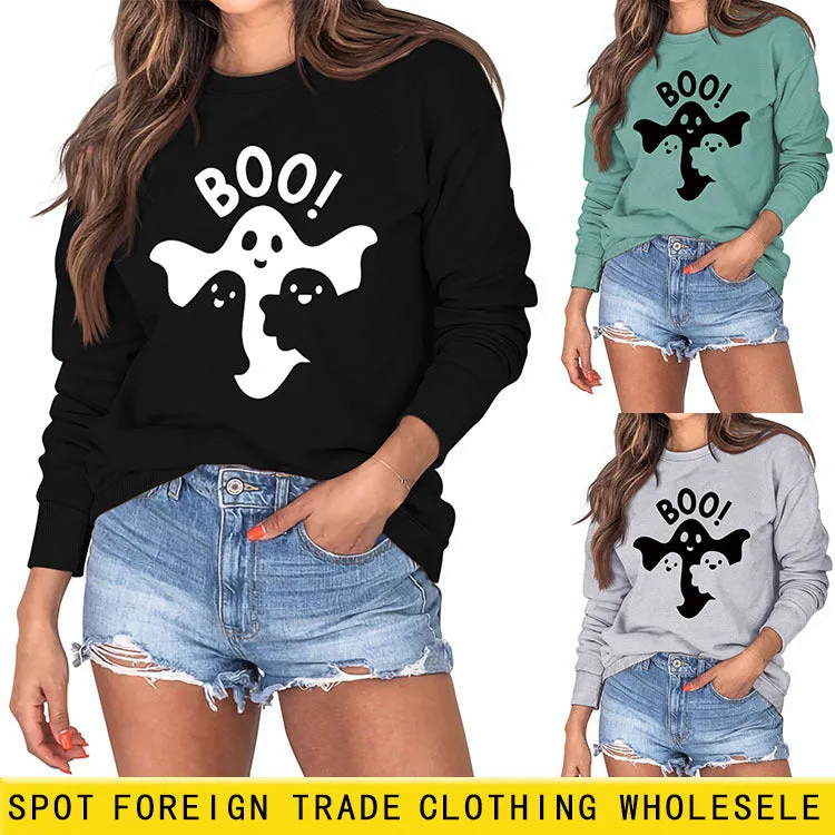 BOO Ghost Letter Printing Round Neck Autumn and Winter Bottoming Long Sleeve Plus Size Sweater