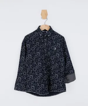 Boys Slim Fit Leaves Print Cotton Shirt - Black