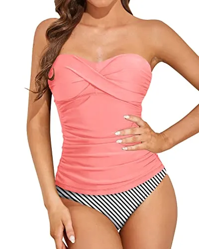 Comfortable And Stylish Bandeau Tankini Swimwear-Coral Pink Stripe