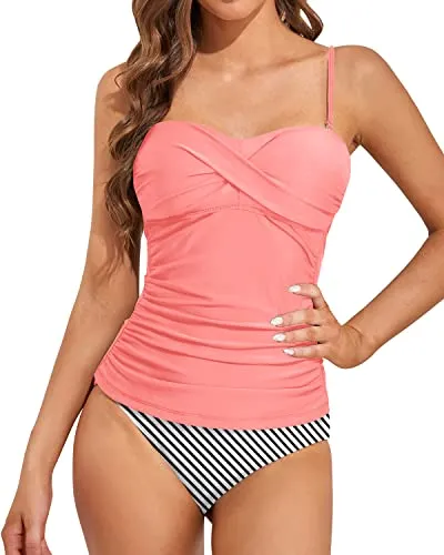 Comfortable And Stylish Bandeau Tankini Swimwear-Coral Pink Stripe