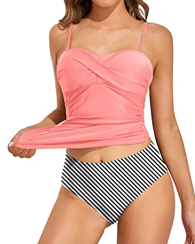 Comfortable And Stylish Bandeau Tankini Swimwear-Coral Pink Stripe