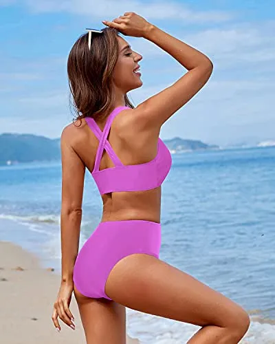 Criss Cross Back Women's Scoop Neck Bathing Suit For Teen Girls-Light Purple