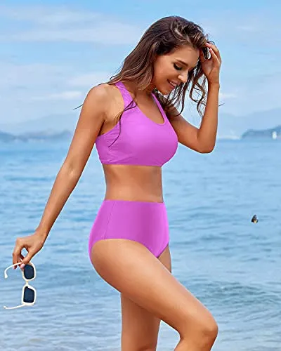 Criss Cross Back Women's Scoop Neck Bathing Suit For Teen Girls-Light Purple