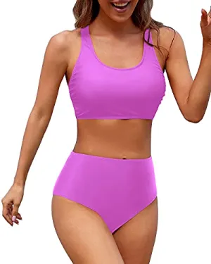 Criss Cross Back Women's Scoop Neck Bathing Suit For Teen Girls-Light Purple