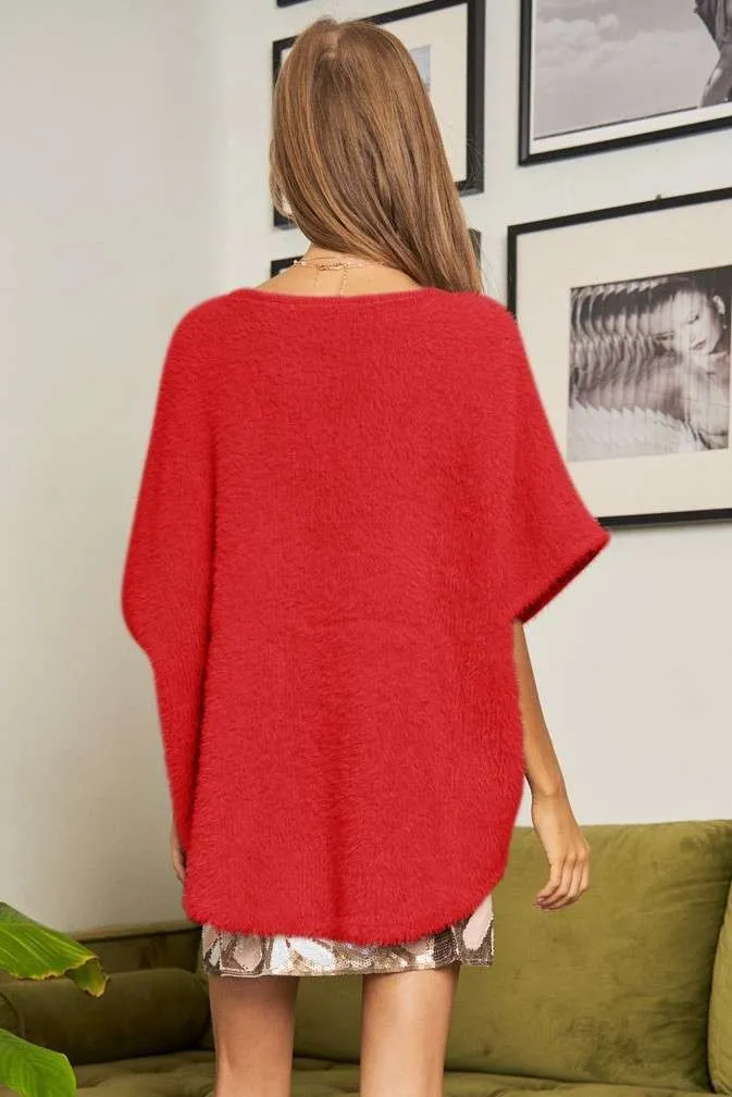 Davi & Dani Solid Color Knit Sweater Top in Red