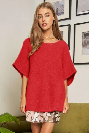 Davi & Dani Solid Color Knit Sweater Top in Red