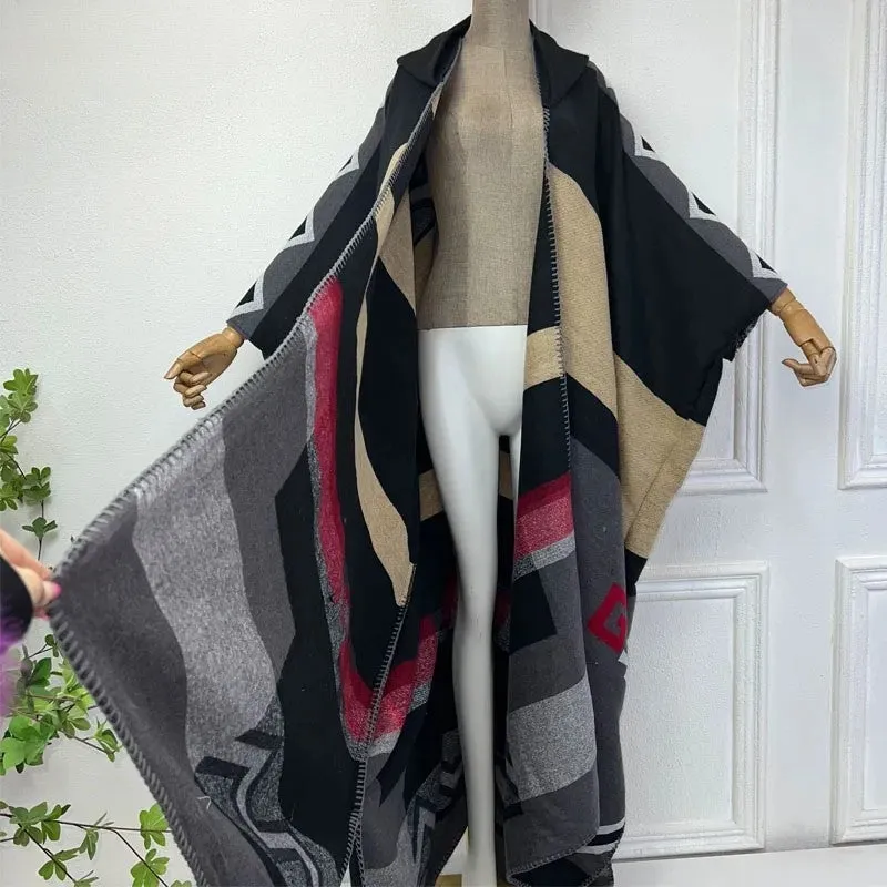 Geo-Chic Allure Hooded Wool Kimono