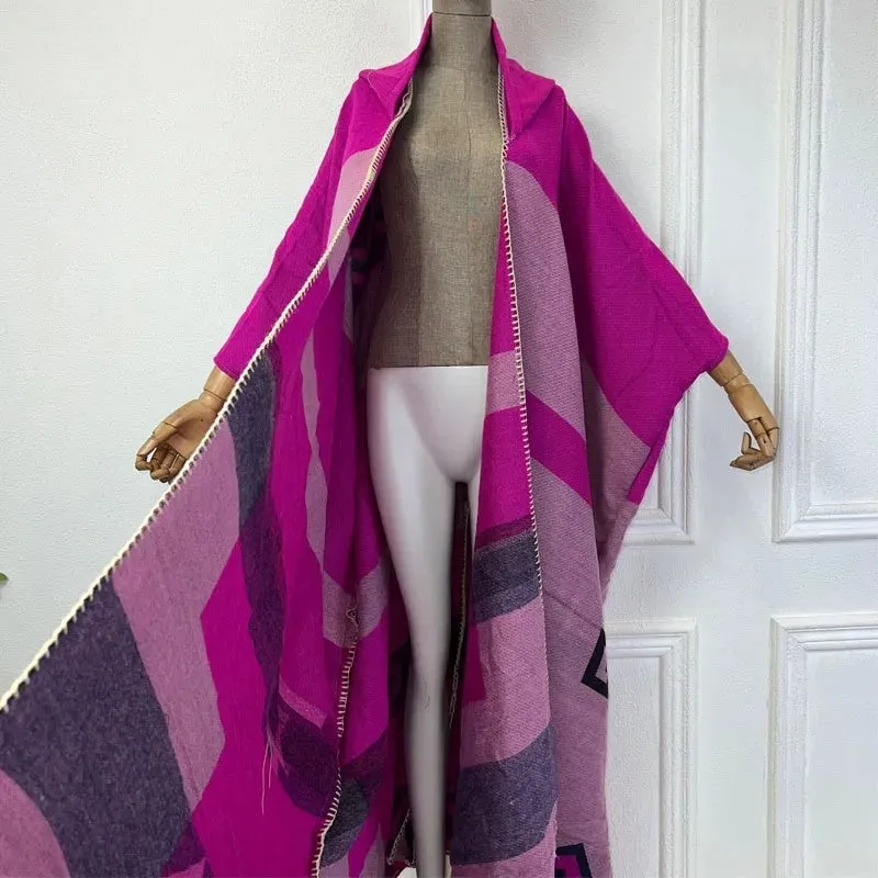 Geo-Chic Allure Hooded Wool Kimono