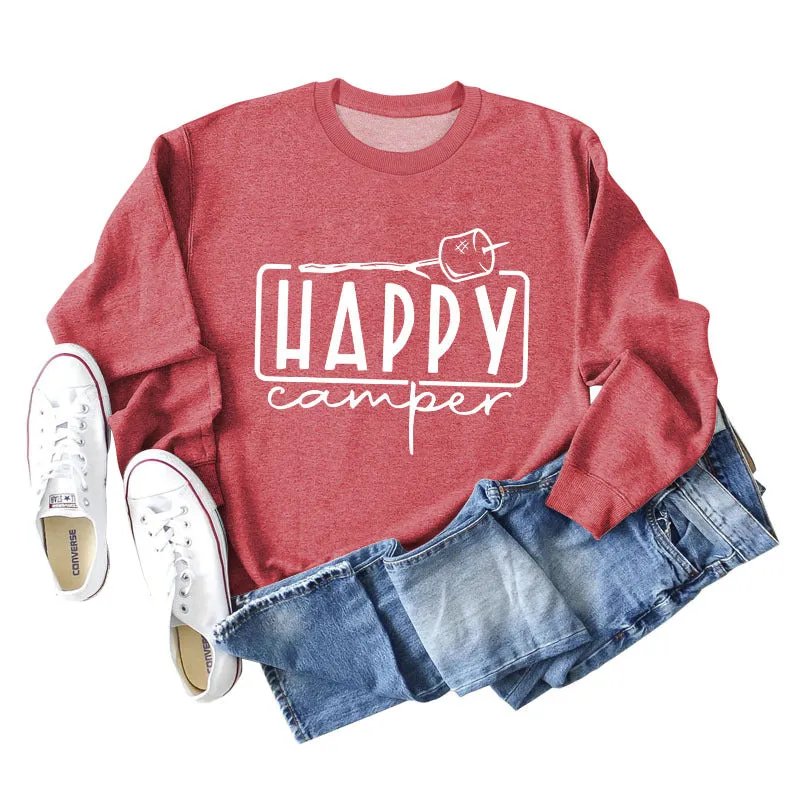 Happy Camper Letter Round Neck Loose Long Sleeve Casual T-shirt Female