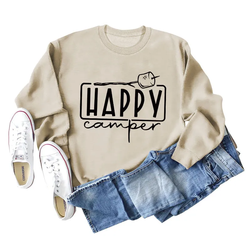 Happy Camper Letter Round Neck Loose Long Sleeve Casual T-shirt Female