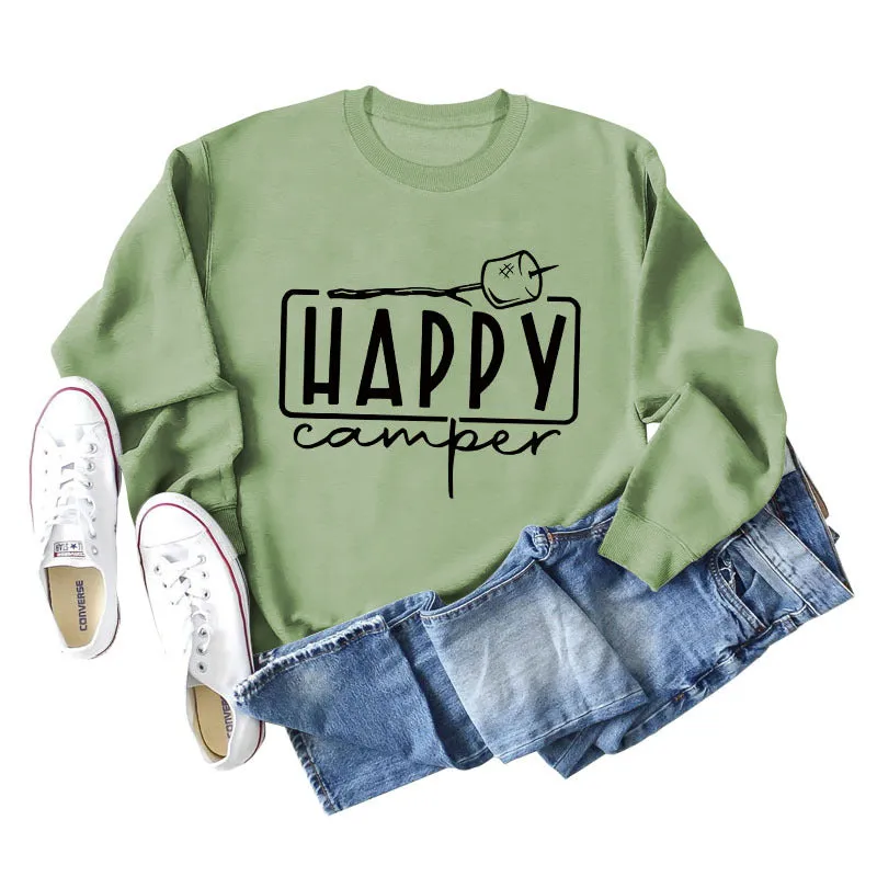 Happy Camper Letter Round Neck Loose Long Sleeve Casual T-shirt Female