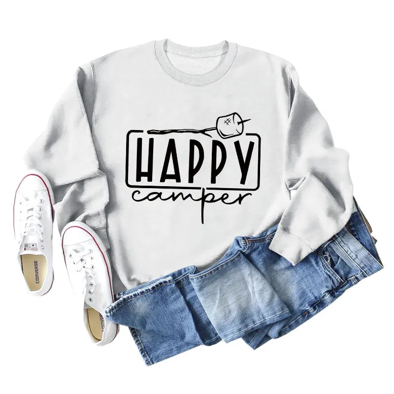 Happy Camper Letter Round Neck Loose Long Sleeve Casual T-shirt Female