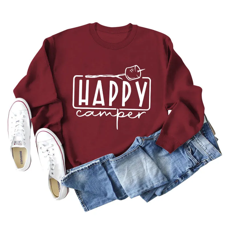 Happy Camper Letter Round Neck Loose Long Sleeve Casual T-shirt Female