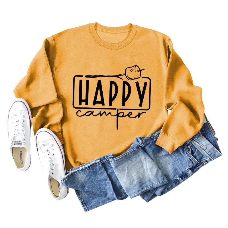 Happy Camper Letter Round Neck Loose Long Sleeve Casual T-shirt Female