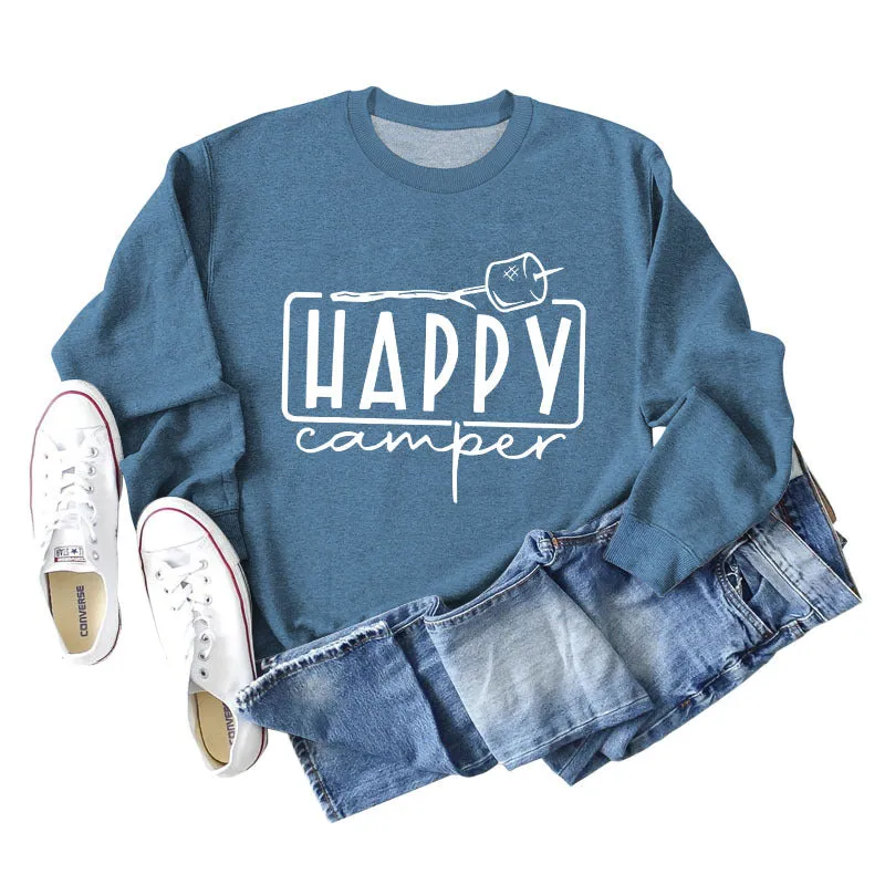 Happy Camper Letter Round Neck Loose Long Sleeve Casual T-shirt Female