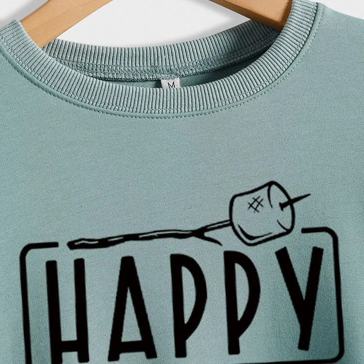 Happy Camper Letter Round Neck Loose Long Sleeve Casual T-shirt Female