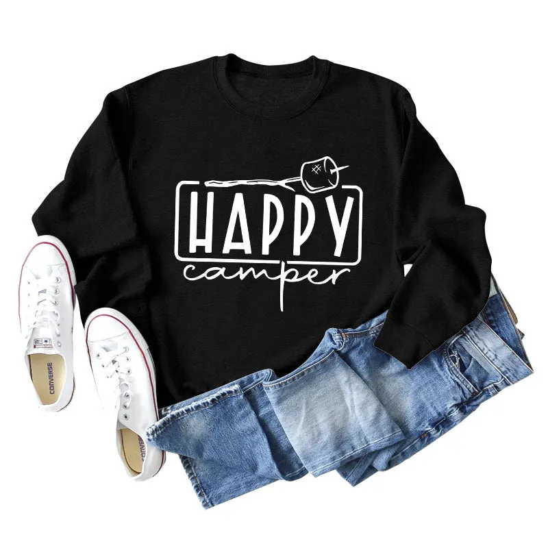 Happy Camper Letter Round Neck Loose Long Sleeve Casual T-shirt Female