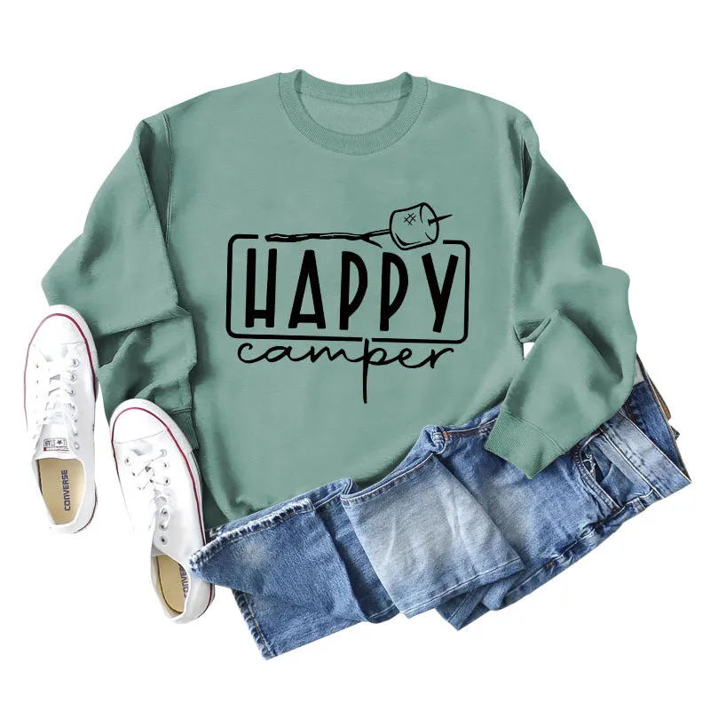 Happy Camper Letter Round Neck Loose Long Sleeve Casual T-shirt Female