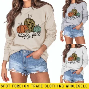 Happy Fall Pumpkin Letter Print Halloween Fall and Winter Round Neck Long Sleeve Sweater Women