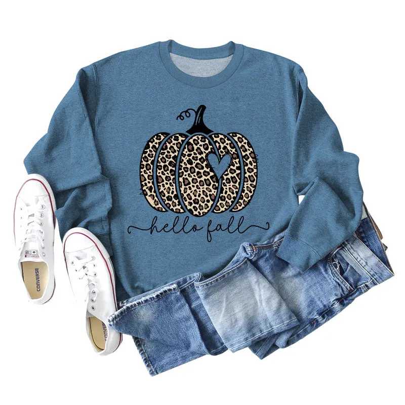 Hello Fall Leopard Print Pumpkin Letters Thanksgiving Day Long Sleeve Plus Size Sweatshirt