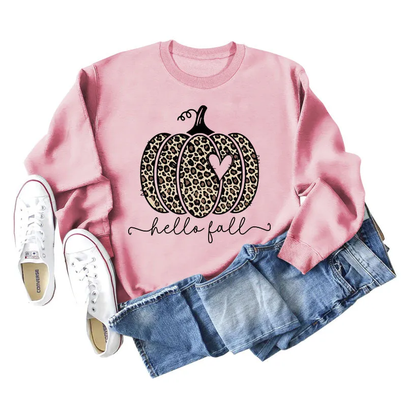 Hello Fall Leopard Print Pumpkin Letters Thanksgiving Day Long Sleeve Plus Size Sweatshirt