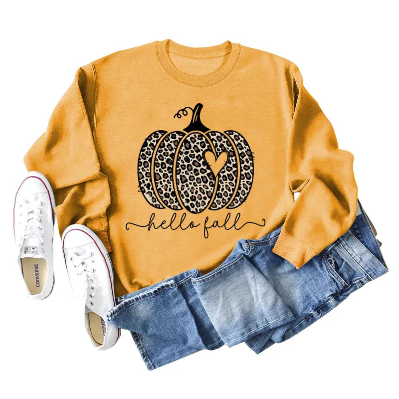 Hello Fall Leopard Print Pumpkin Letters Thanksgiving Day Long Sleeve Plus Size Sweatshirt