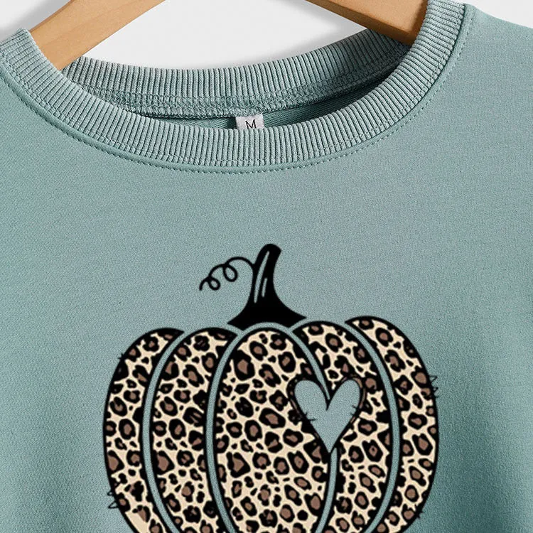 Hello Fall Leopard Print Pumpkin Letters Thanksgiving Day Long Sleeve Plus Size Sweatshirt