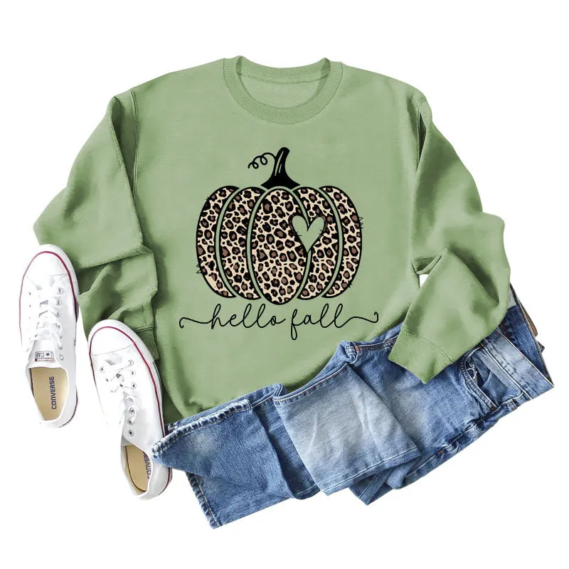 Hello Fall Leopard Print Pumpkin Letters Thanksgiving Day Long Sleeve Plus Size Sweatshirt