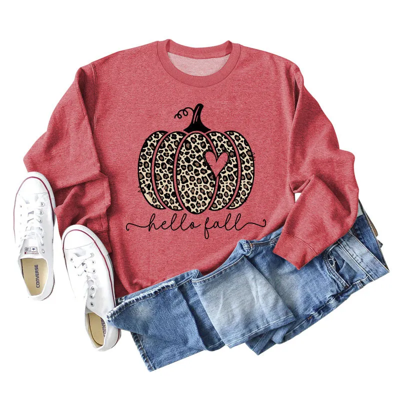 Hello Fall Leopard Print Pumpkin Letters Thanksgiving Day Long Sleeve Plus Size Sweatshirt