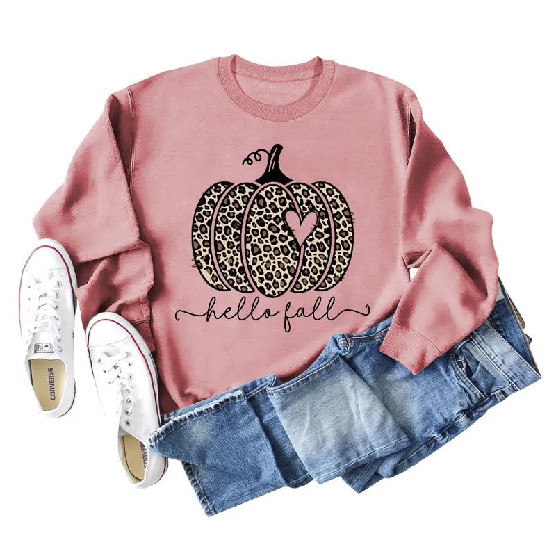 Hello Fall Leopard Print Pumpkin Letters Thanksgiving Day Long Sleeve Plus Size Sweatshirt