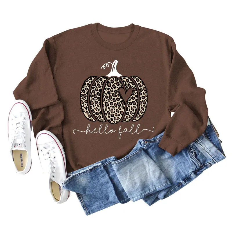 Hello Fall Leopard Print Pumpkin Letters Thanksgiving Day Long Sleeve Plus Size Sweatshirt