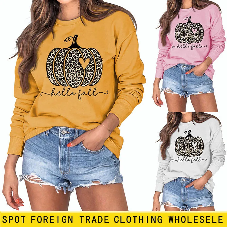 Hello Fall Leopard Print Pumpkin Letters Thanksgiving Day Long Sleeve Plus Size Sweatshirt