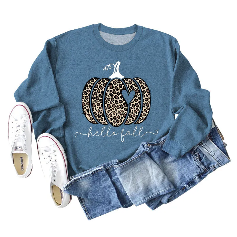 Hello Fall Leopard Print Pumpkin Letters Thanksgiving Day Long Sleeve Plus Size Sweatshirt