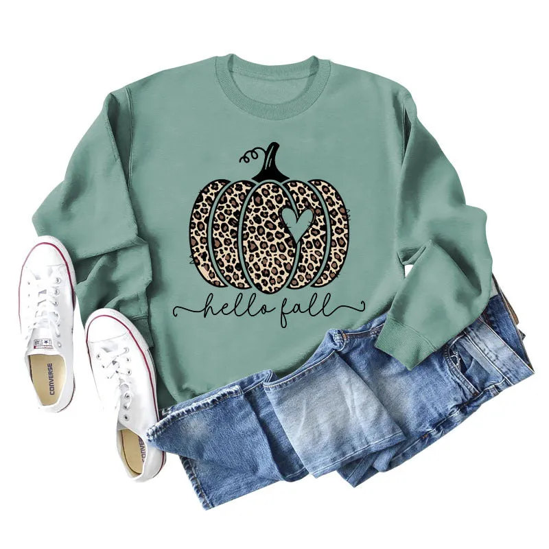 Hello Fall Leopard Print Pumpkin Letters Thanksgiving Day Long Sleeve Plus Size Sweatshirt