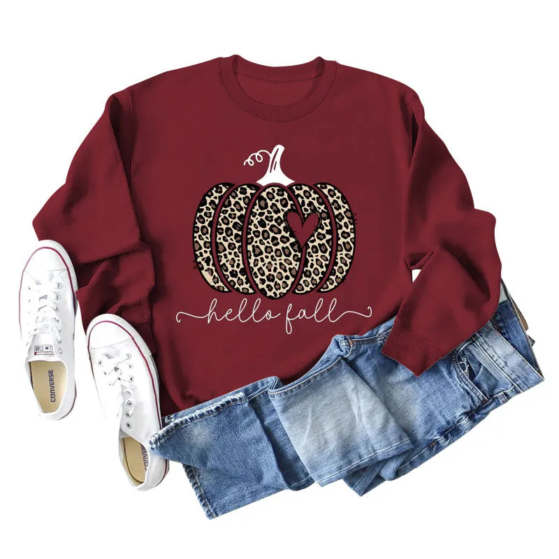 Hello Fall Leopard Print Pumpkin Letters Thanksgiving Day Long Sleeve Plus Size Sweatshirt