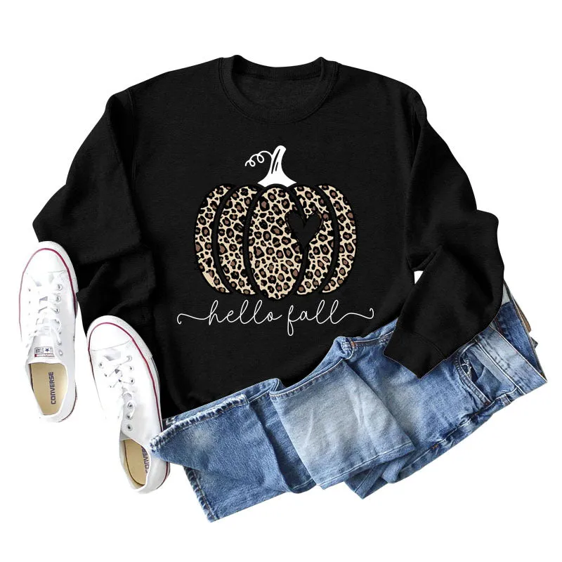 Hello Fall Leopard Print Pumpkin Letters Thanksgiving Day Long Sleeve Plus Size Sweatshirt