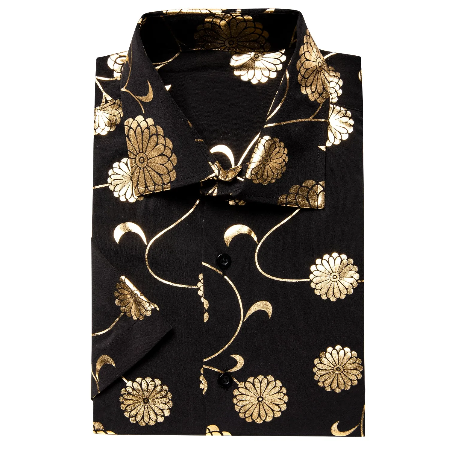 Hi-Tie Black Men's Top Champagne Flower Pattern  Short Sleeve Shirt