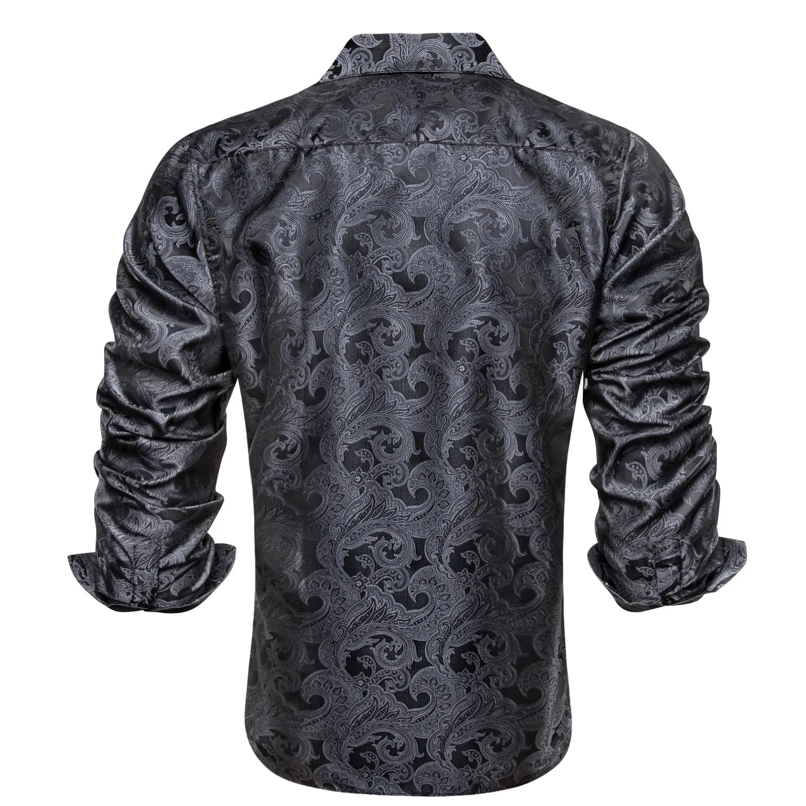 Hi-Tie Classic Black Floral Pattern Silk Mens Long Sleeve Shirt