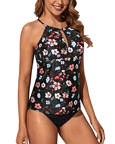 High Neck Two Piece Swimsuits For Women Triangle Bottom Modest Bathing Suit-Black And Pink Floral