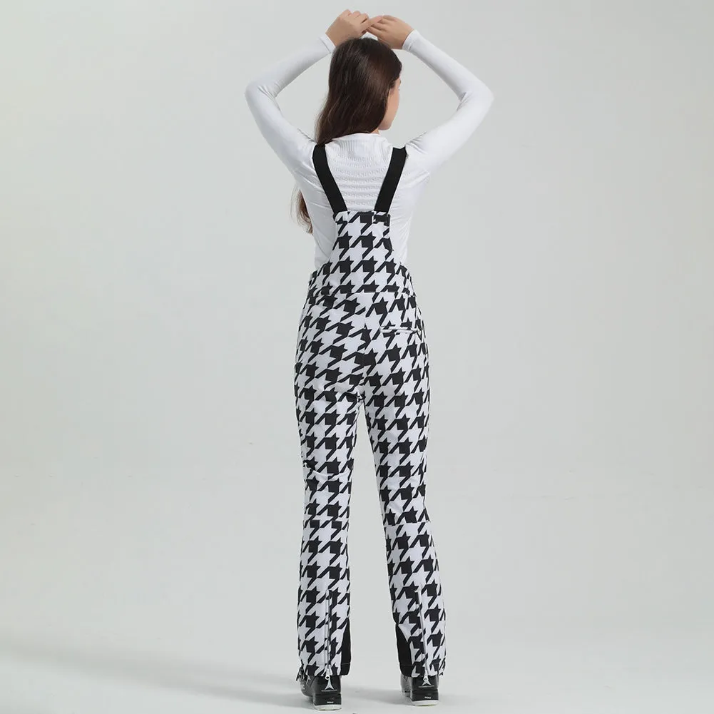 High Waist Zipper Houndstooth Slim Salopette Ski Pants