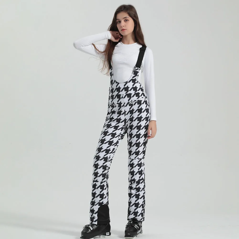 High Waist Zipper Houndstooth Slim Salopette Ski Pants