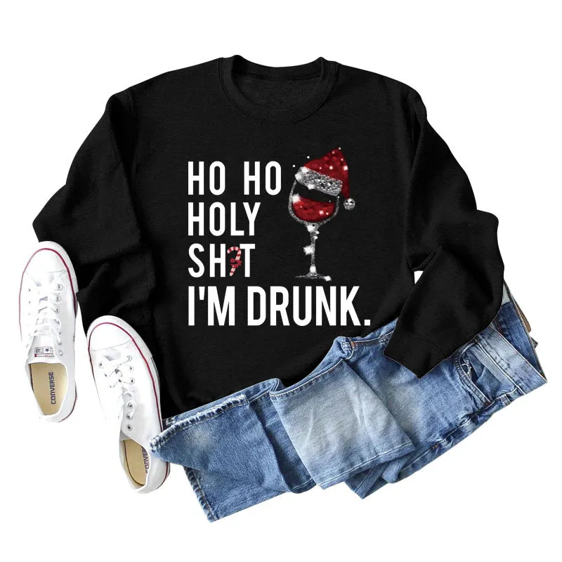 Ho Ho Holly Sht Red Wine Cup Christmas Hat Letter Fashion Autumn Winter Long Sleeve Sweatshirt