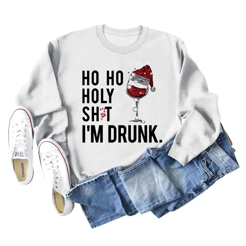 Ho Ho Holly Sht Red Wine Cup Christmas Hat Letter Fashion Autumn Winter Long Sleeve Sweatshirt