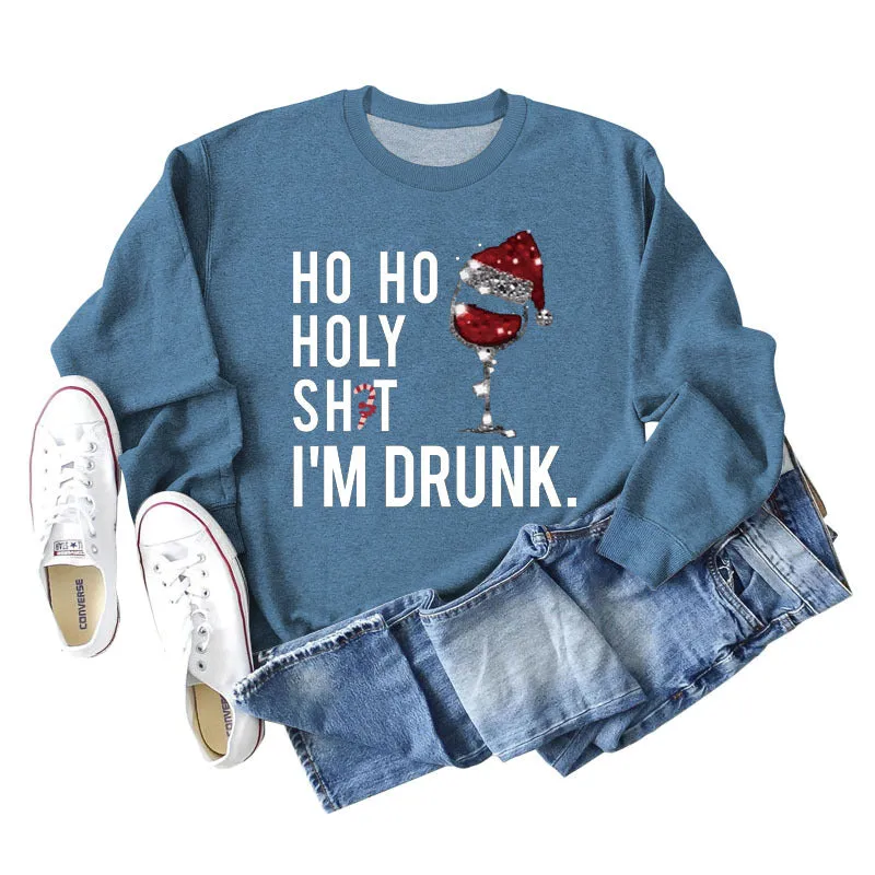 Ho Ho Holly Sht Red Wine Cup Christmas Hat Letter Fashion Autumn Winter Long Sleeve Sweatshirt