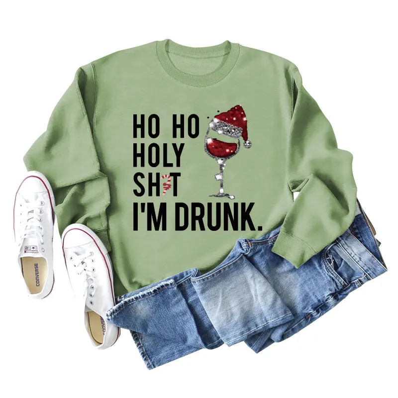 Ho Ho Holly Sht Red Wine Cup Christmas Hat Letter Fashion Autumn Winter Long Sleeve Sweatshirt