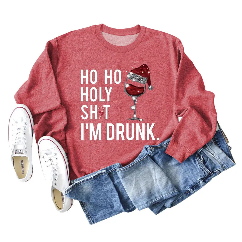 Ho Ho Holly Sht Red Wine Cup Christmas Hat Letter Fashion Autumn Winter Long Sleeve Sweatshirt